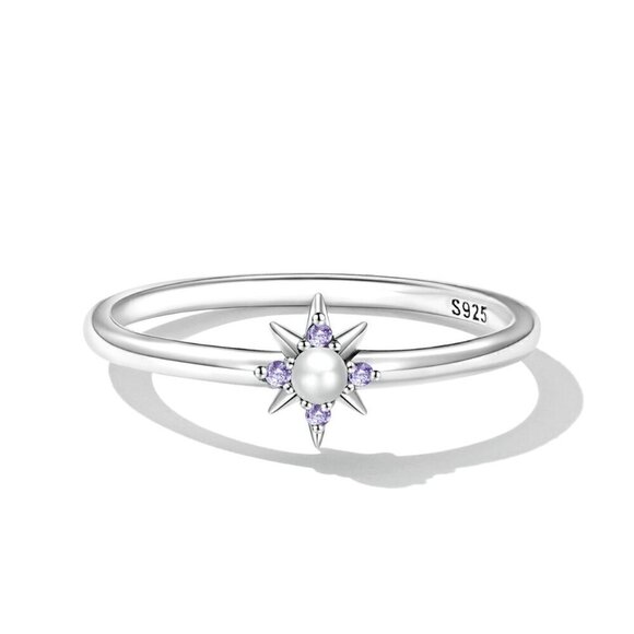 NWT Dainty Star Ring S925 Sterling Silver Pearl Purple Zircon Sz. 7 - Picture 3 of 11
